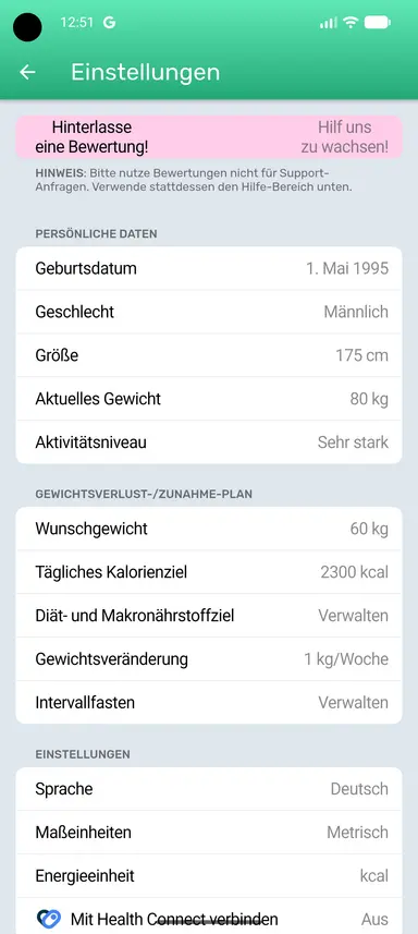 Intervallfasten-Button auf der Einstellungsseite